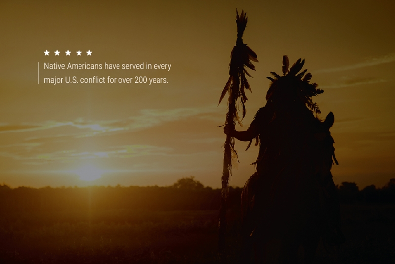 A Native American in traditional clothing overlooking a field at sunset.