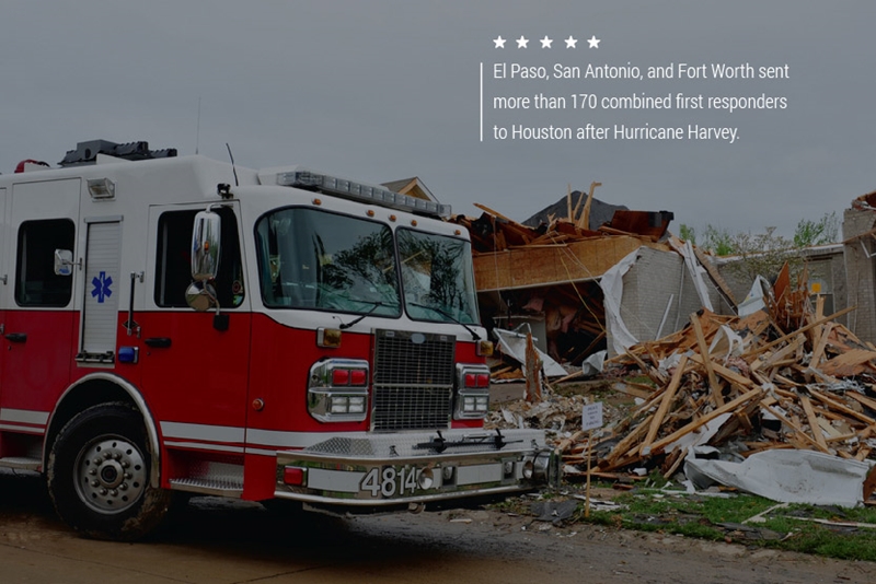 An image of a fire truck in front of  a demolished house. Text on the image reads, "El Paso, San Antonio, and Fort Worth sent more than 170 combined first responders to Houston after Hurricane Harvey."
