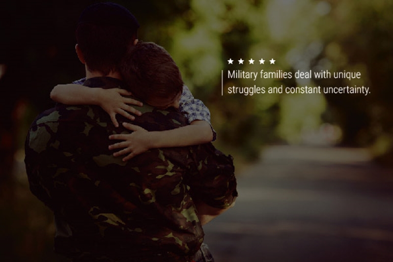 An image of a servicemember hugging his or her child. Text reads, " Military families deal with unique struggles and constant uncertainty."