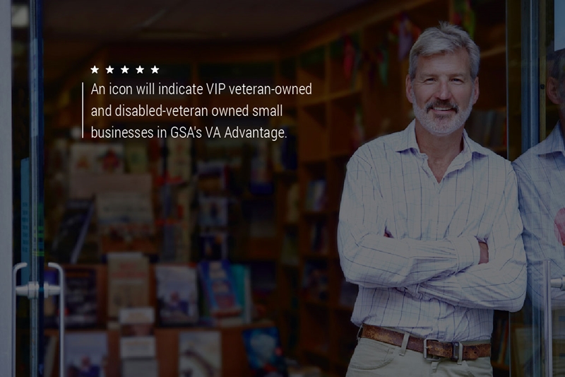 A older gentleman standing in a store. Text on the graphic reads, "An icon will indicate VIP veteran-owned and disabled-veteran owned small businesses in GSA's VA Advantage."