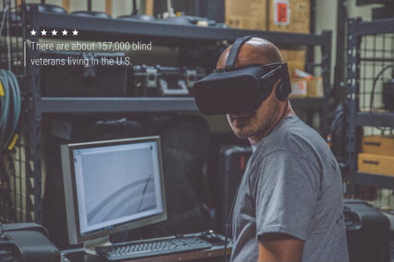 A man wearing a VR headset. Text reads, "There are about 157,000 blind veterans living in the U.S."